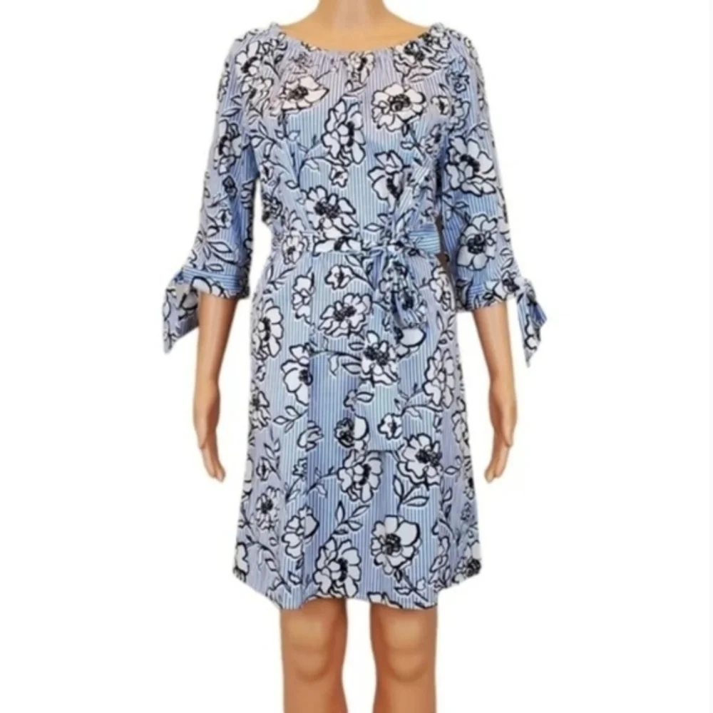 NEW Como vintage blue stripe floral 3/4 sleeve Dress